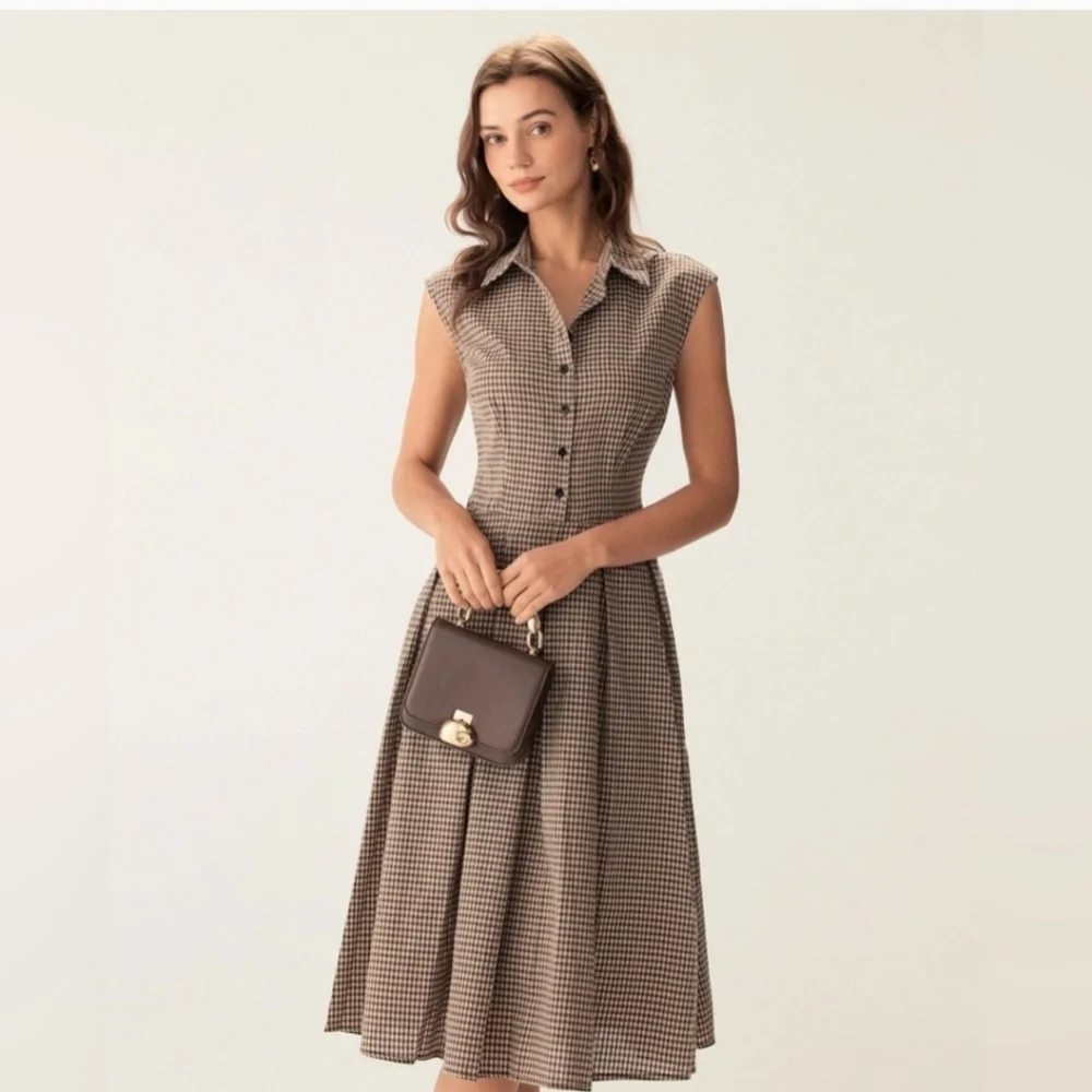 NWT Rihoas Brown Plaid Button Pleated Midi Dress - Picture 10 of 17